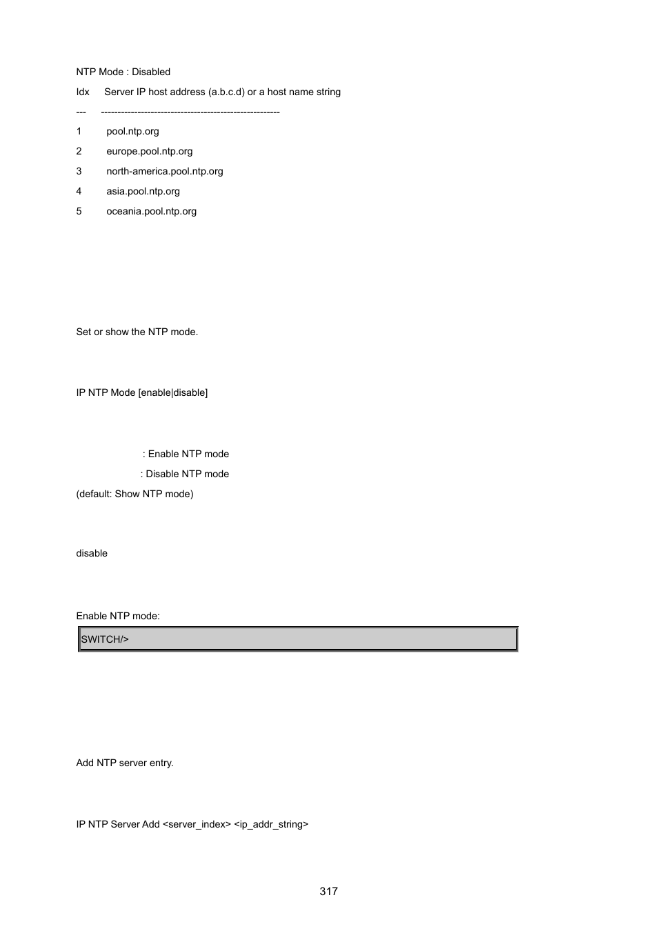 Ip ntp mode, Ip ntp server add | PLANET MGSW-24160F User Manual | Page 317 / 523