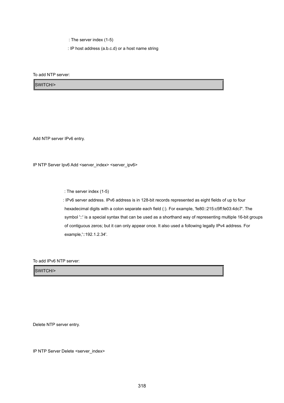 Ip ntp server ipv6 add, Ip ntp server delete | PLANET MGSW-24160F User Manual | Page 318 / 523