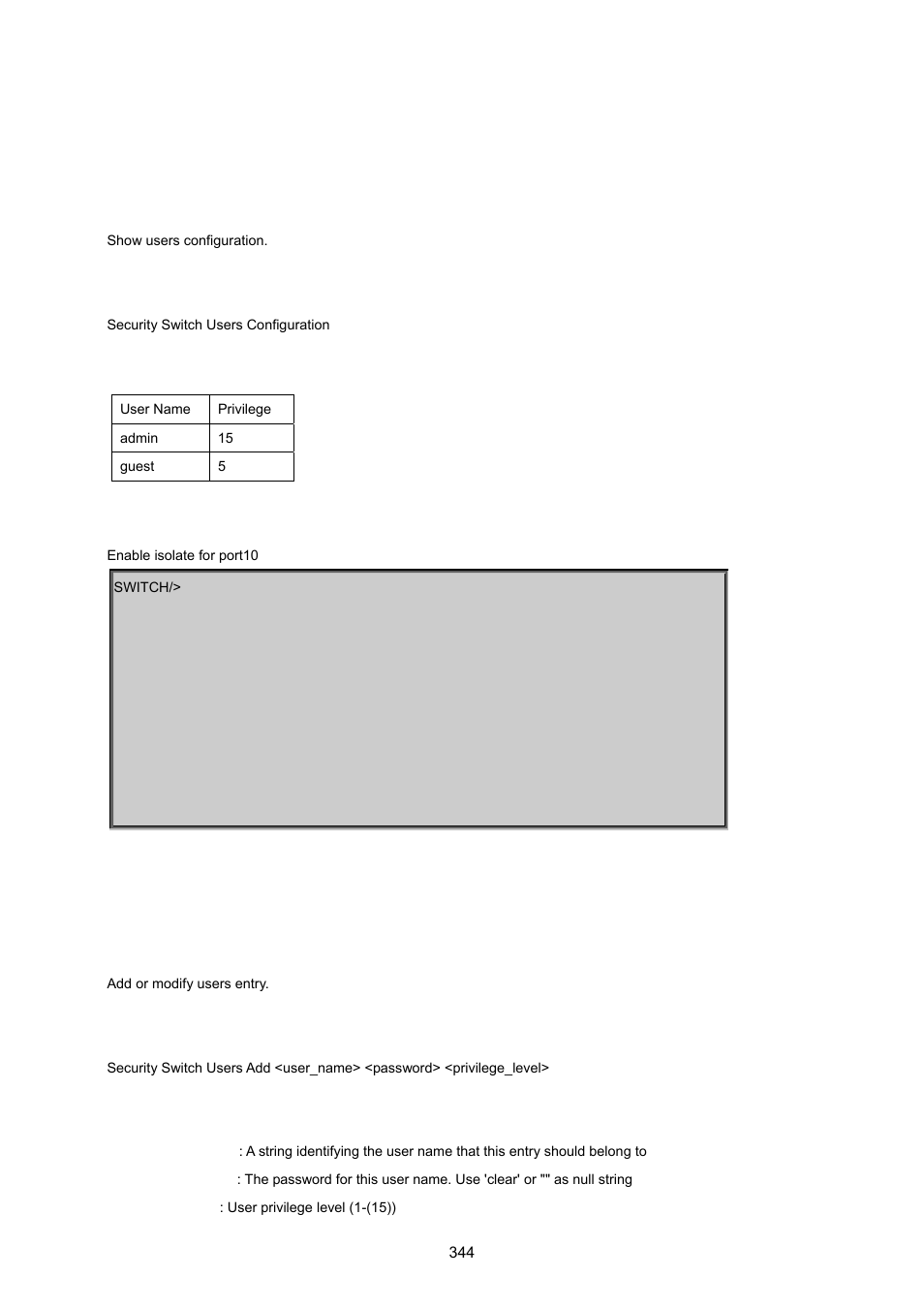 7 security command, Security switch user configuration, Security switch user add | PLANET MGSW-24160F User Manual | Page 344 / 523