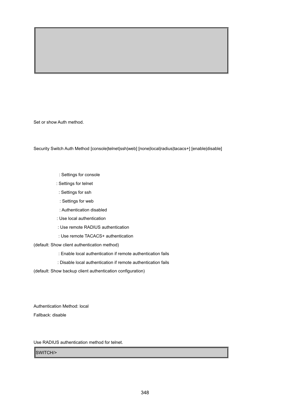 Security switch auth method | PLANET MGSW-24160F User Manual | Page 348 / 523
