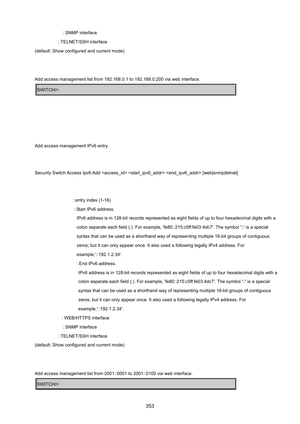 Security switch access ipv6 add | PLANET MGSW-24160F User Manual | Page 353 / 523