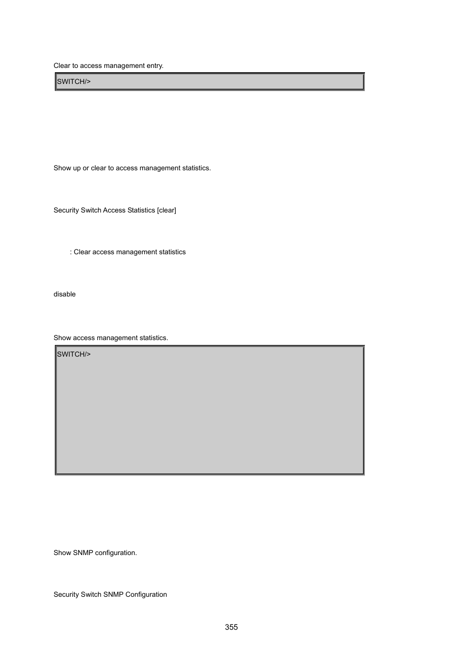 Security switch access statistics, Security switch snmp configuration | PLANET MGSW-24160F User Manual | Page 355 / 523