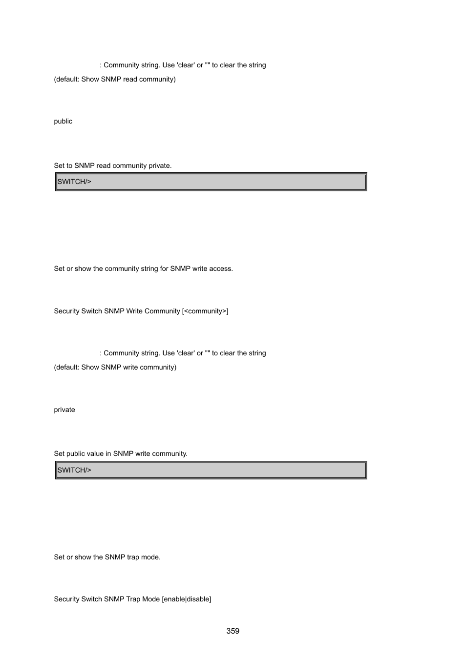 Security switch snmp write community, Security switch snmp trap mode | PLANET MGSW-24160F User Manual | Page 359 / 523