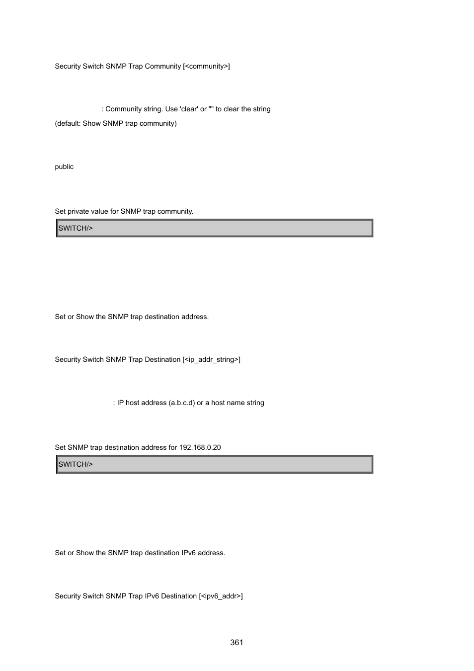 Security switch snmp trap destination, Security switch snmp trap ipv6 destination | PLANET MGSW-24160F User Manual | Page 361 / 523