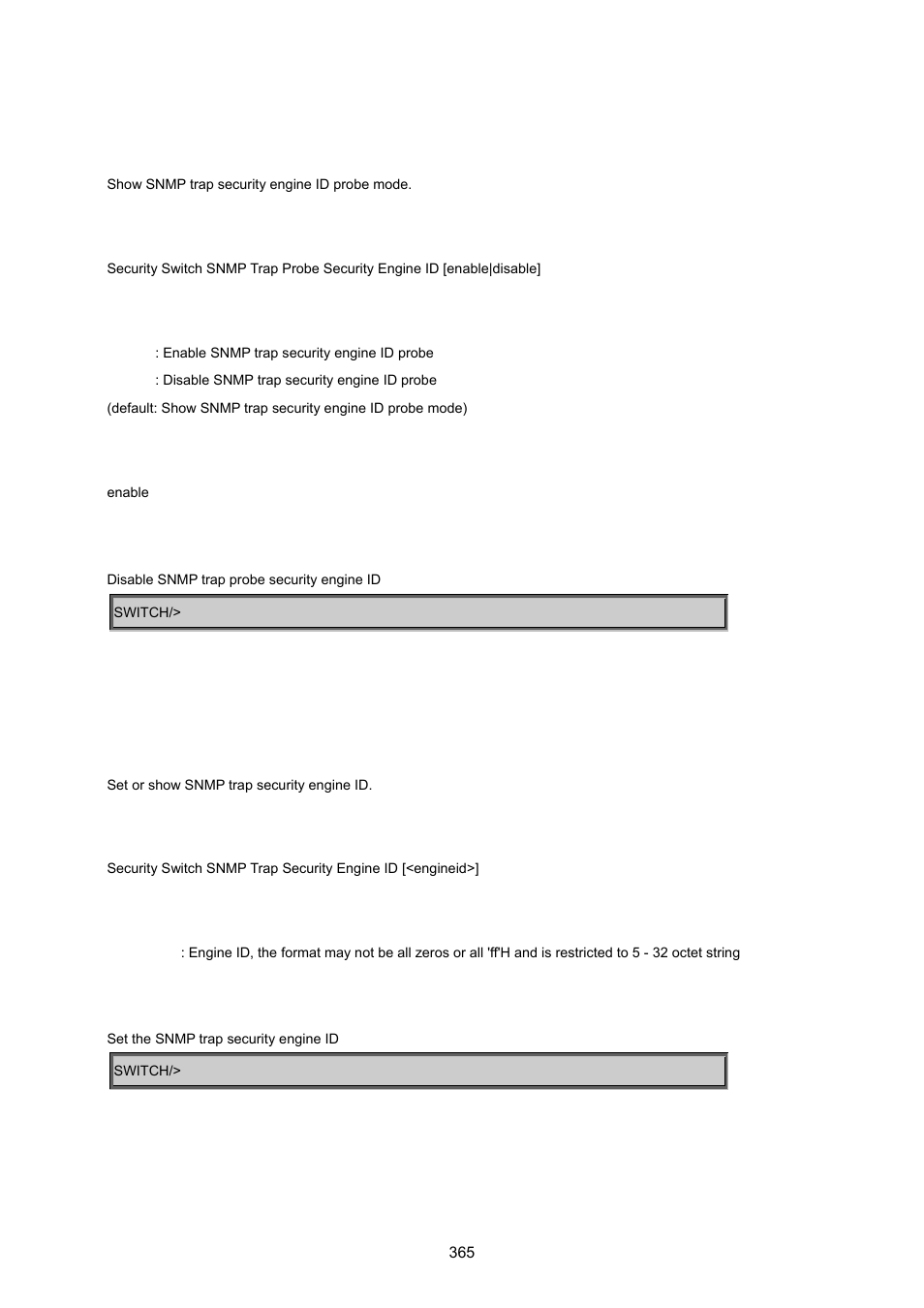 Security switch snmp trap probe security engine id, Security switch snmp trap security engine id | PLANET MGSW-24160F User Manual | Page 365 / 523