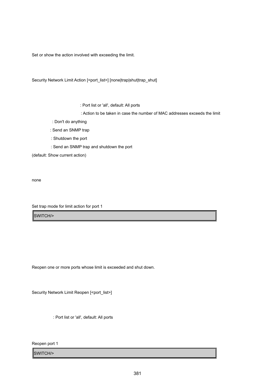 Security network limit action, Security network limit reopen | PLANET MGSW-24160F User Manual | Page 381 / 523