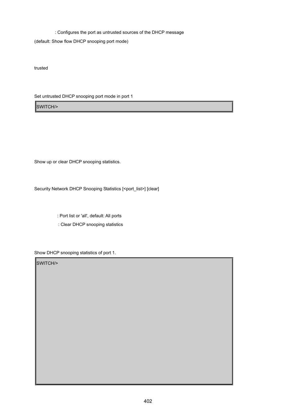 Security network dhcp snooping statistics | PLANET MGSW-24160F User Manual | Page 402 / 523