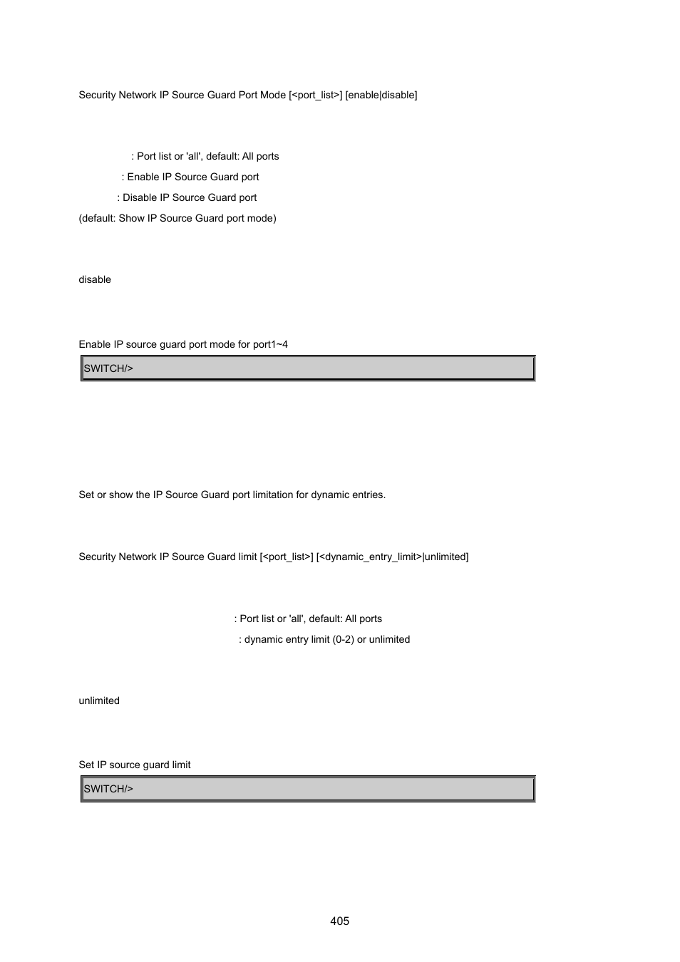 Security network ip source guard limit | PLANET MGSW-24160F User Manual | Page 405 / 523