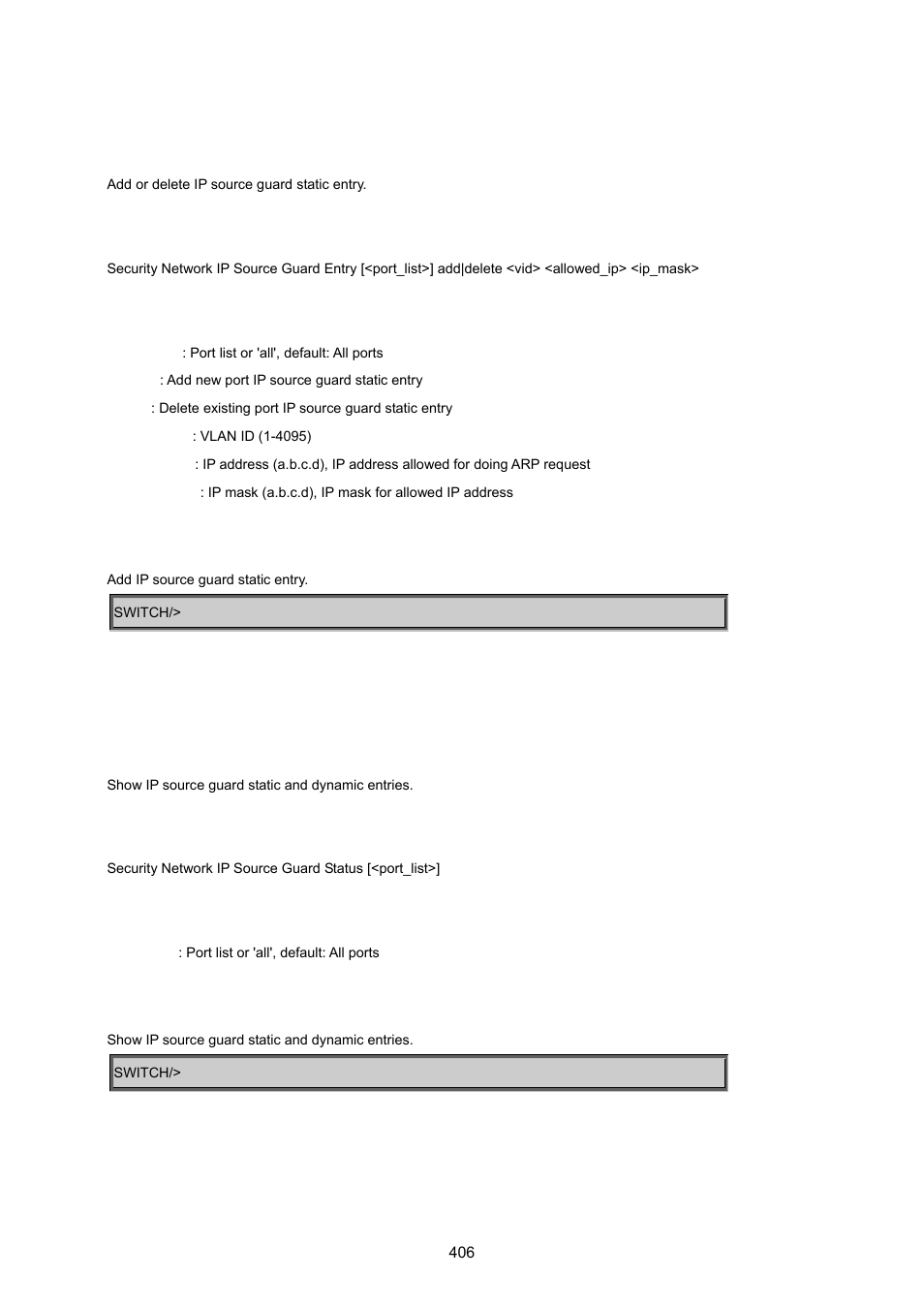 Security network ip source guard entry, Security network ip source guard status | PLANET MGSW-24160F User Manual | Page 406 / 523