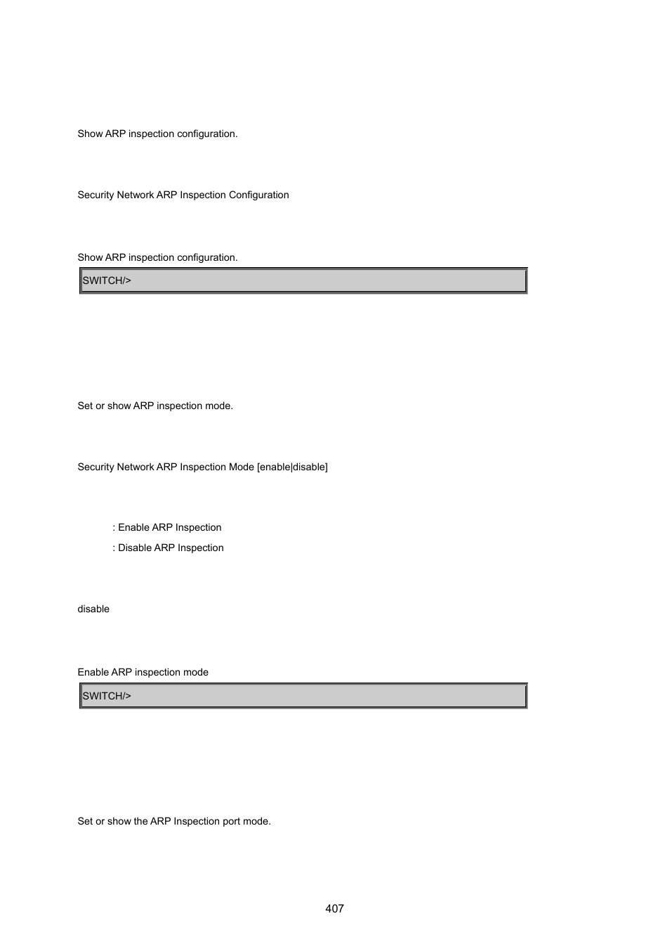 Security network arp inspection configuration, Security network arp inspection mode, Security network arp inspection port mode | PLANET MGSW-24160F User Manual | Page 407 / 523