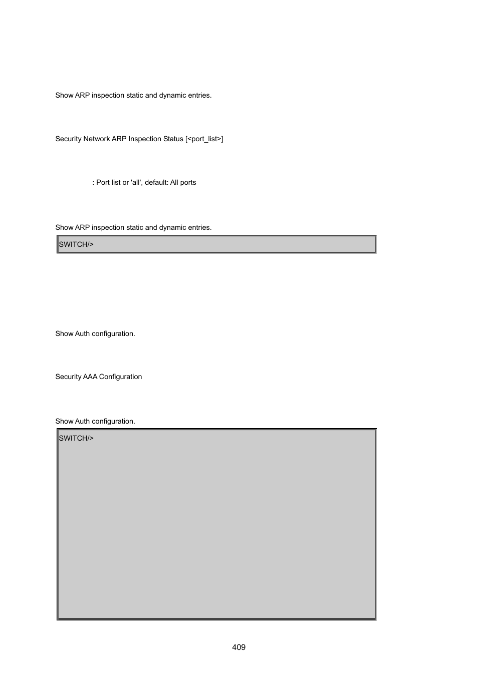 Security network arp inspection status, Security aaa configuration | PLANET MGSW-24160F User Manual | Page 409 / 523