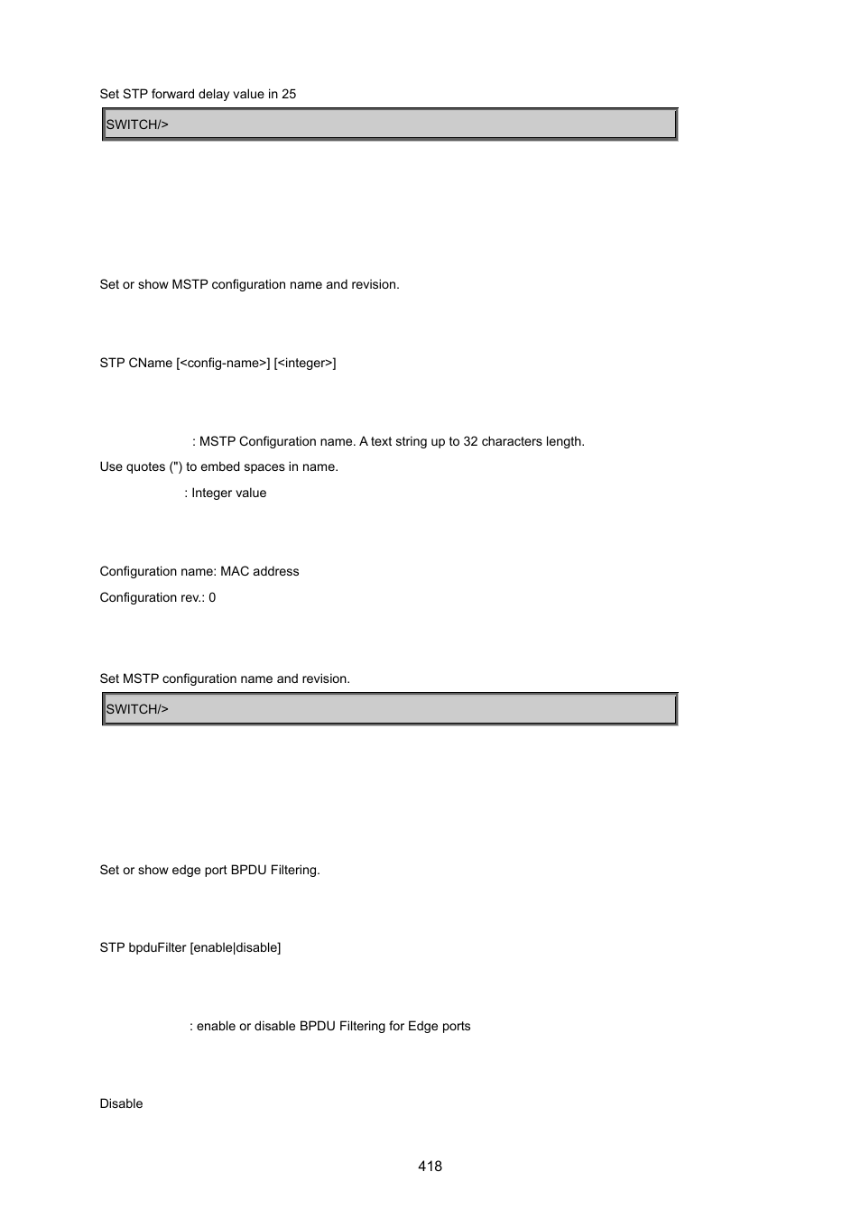 Stp cname, Stp bpdu filter | PLANET MGSW-24160F User Manual | Page 418 / 523