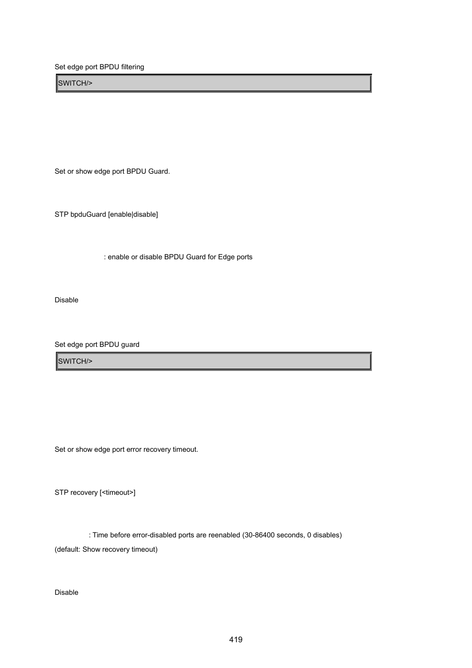 Stp bpdu guard, Stp recovery | PLANET MGSW-24160F User Manual | Page 419 / 523