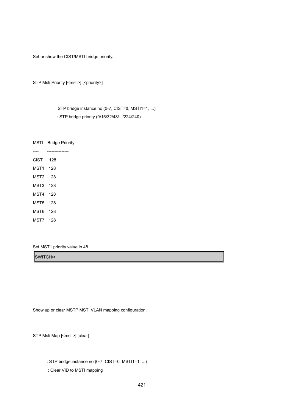Stp msti priority, Stp msti map | PLANET MGSW-24160F User Manual | Page 421 / 523