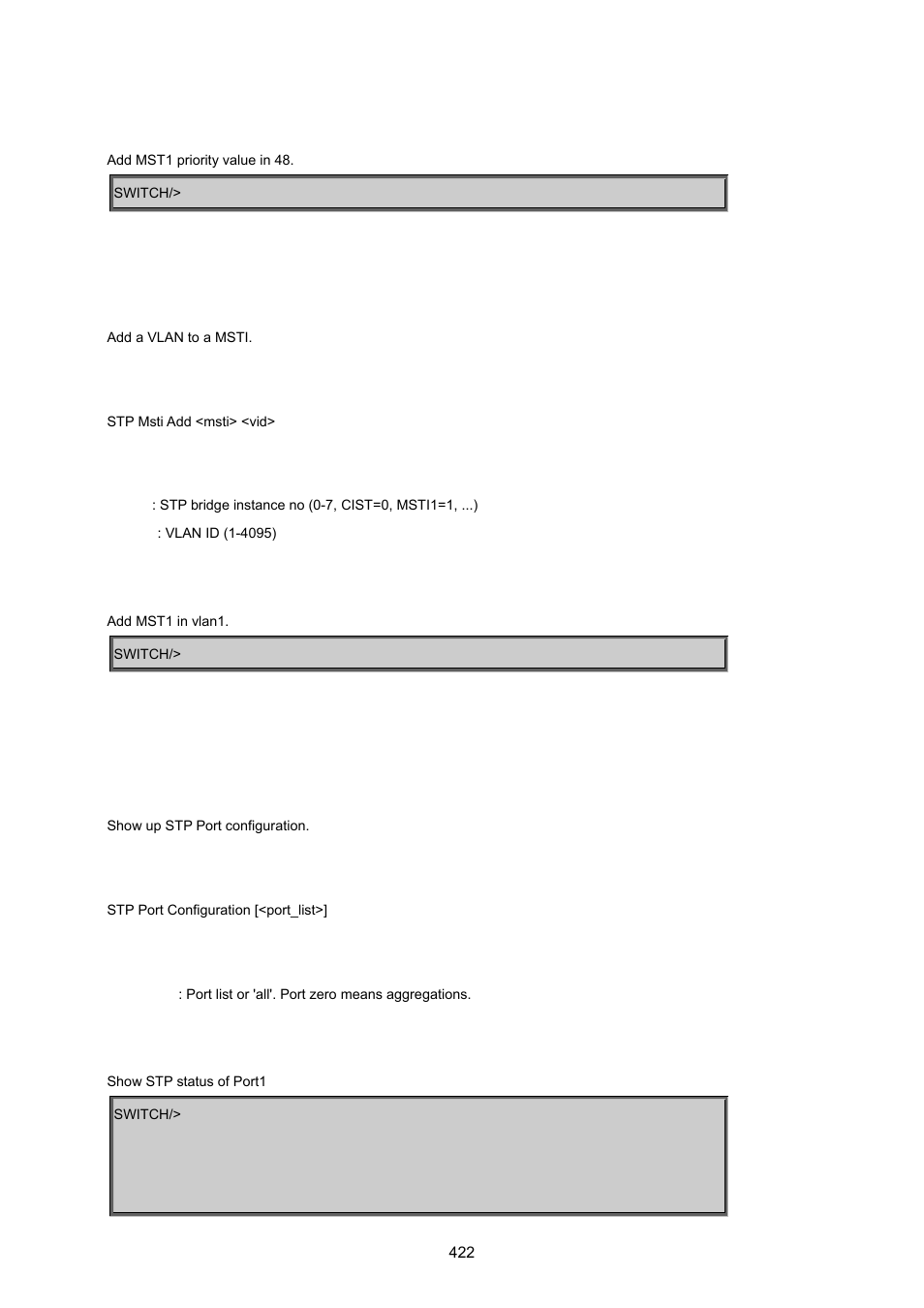 Stp msti add, Stp port configuration | PLANET MGSW-24160F User Manual | Page 422 / 523