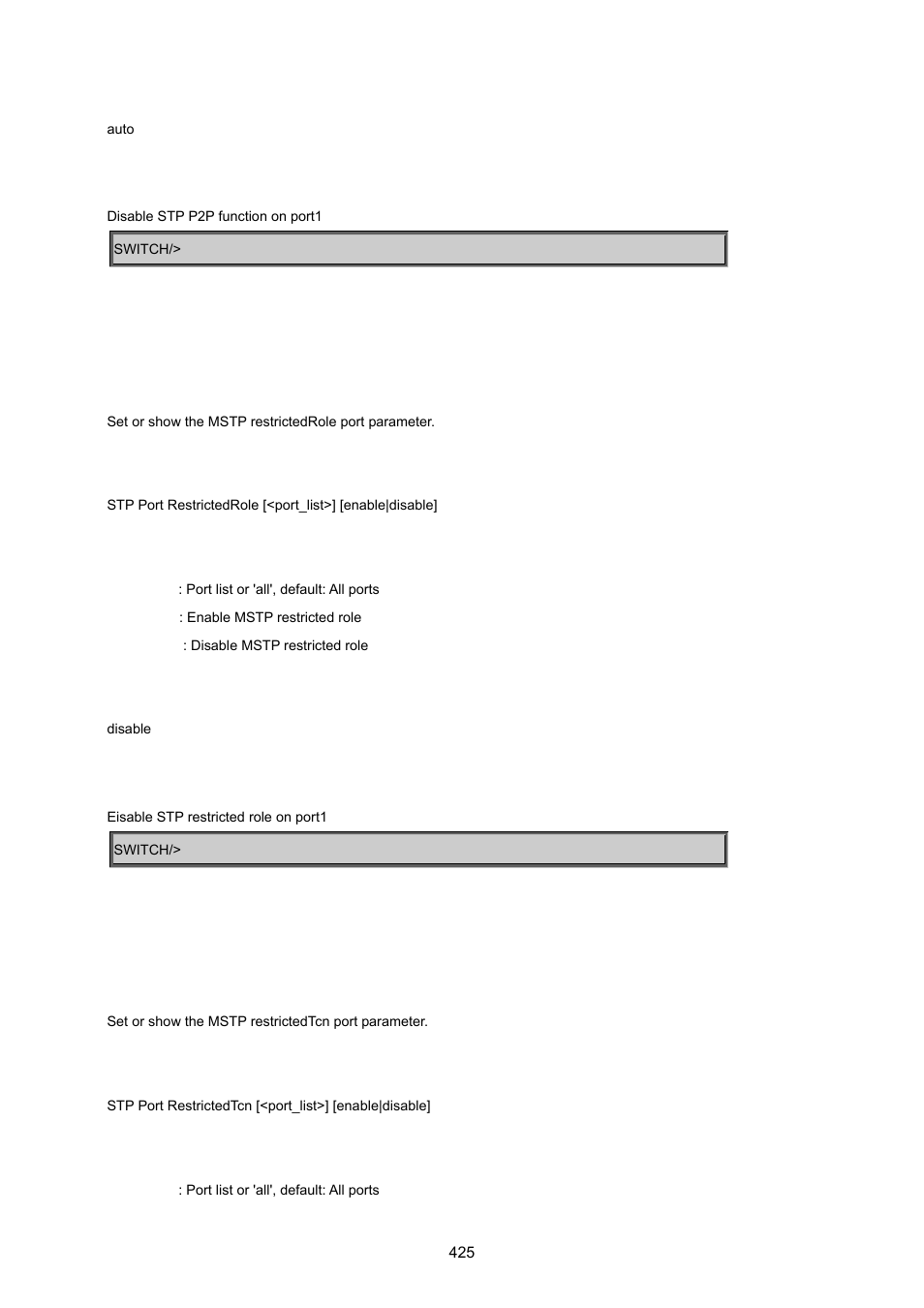 Stp port restrictedrole, Stp port restrictedtcn | PLANET MGSW-24160F User Manual | Page 425 / 523