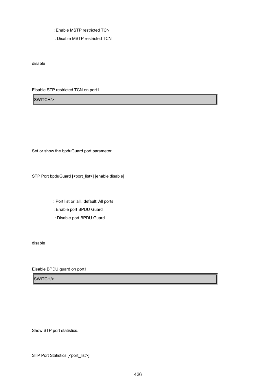 Stp port bpduguard, Stp port statistic | PLANET MGSW-24160F User Manual | Page 426 / 523