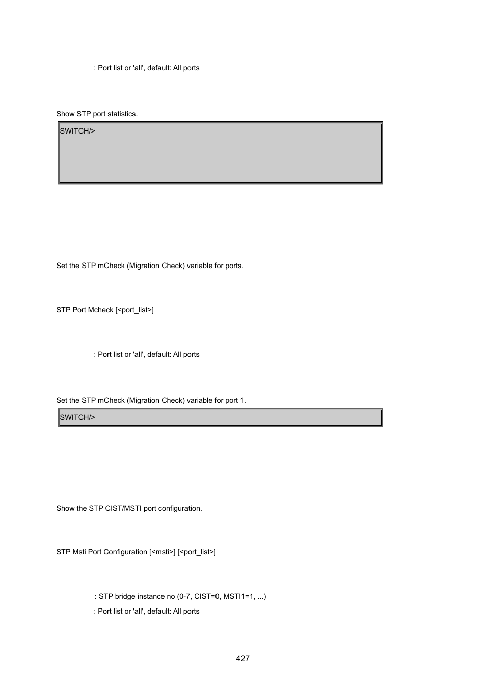 Stp port mcheck, Stp msti port configuration | PLANET MGSW-24160F User Manual | Page 427 / 523