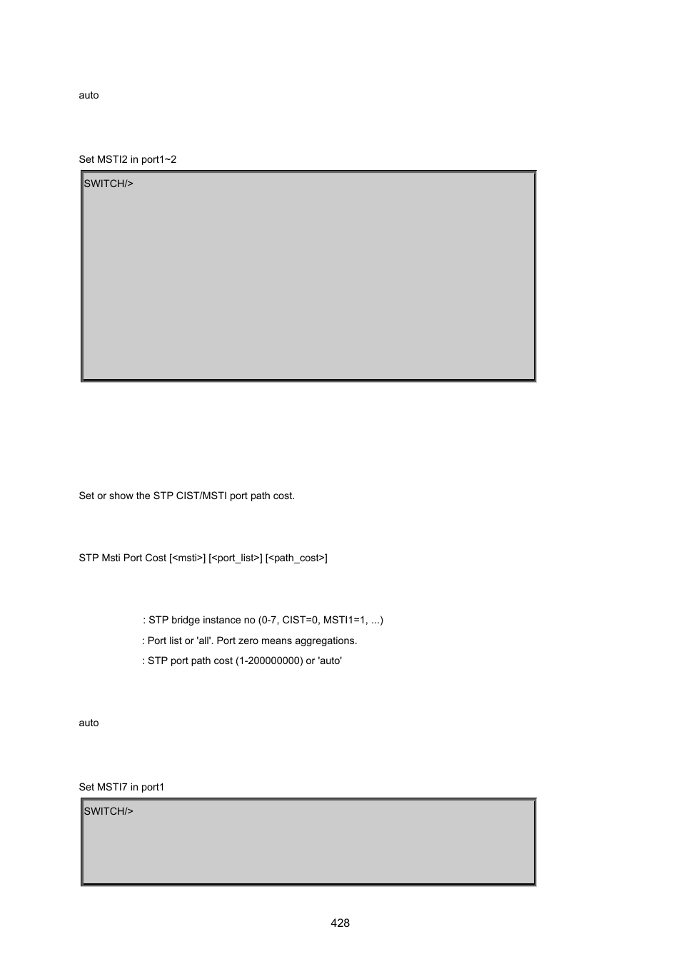 Stp msti port cost | PLANET MGSW-24160F User Manual | Page 428 / 523