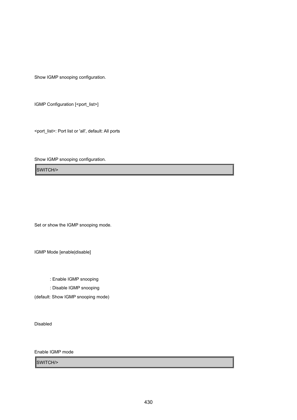 9 multicast configuration command, Igmp configuration, Igmp mode | PLANET MGSW-24160F User Manual | Page 430 / 523