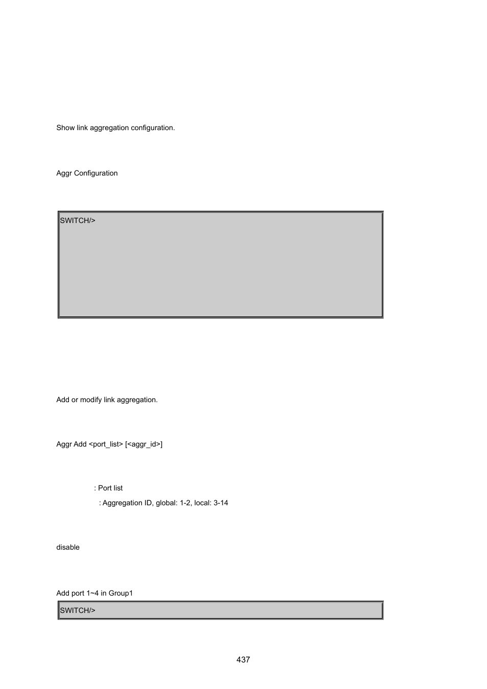10 link aggregation command, Aggregation configuration, Aggregation add | PLANET MGSW-24160F User Manual | Page 437 / 523
