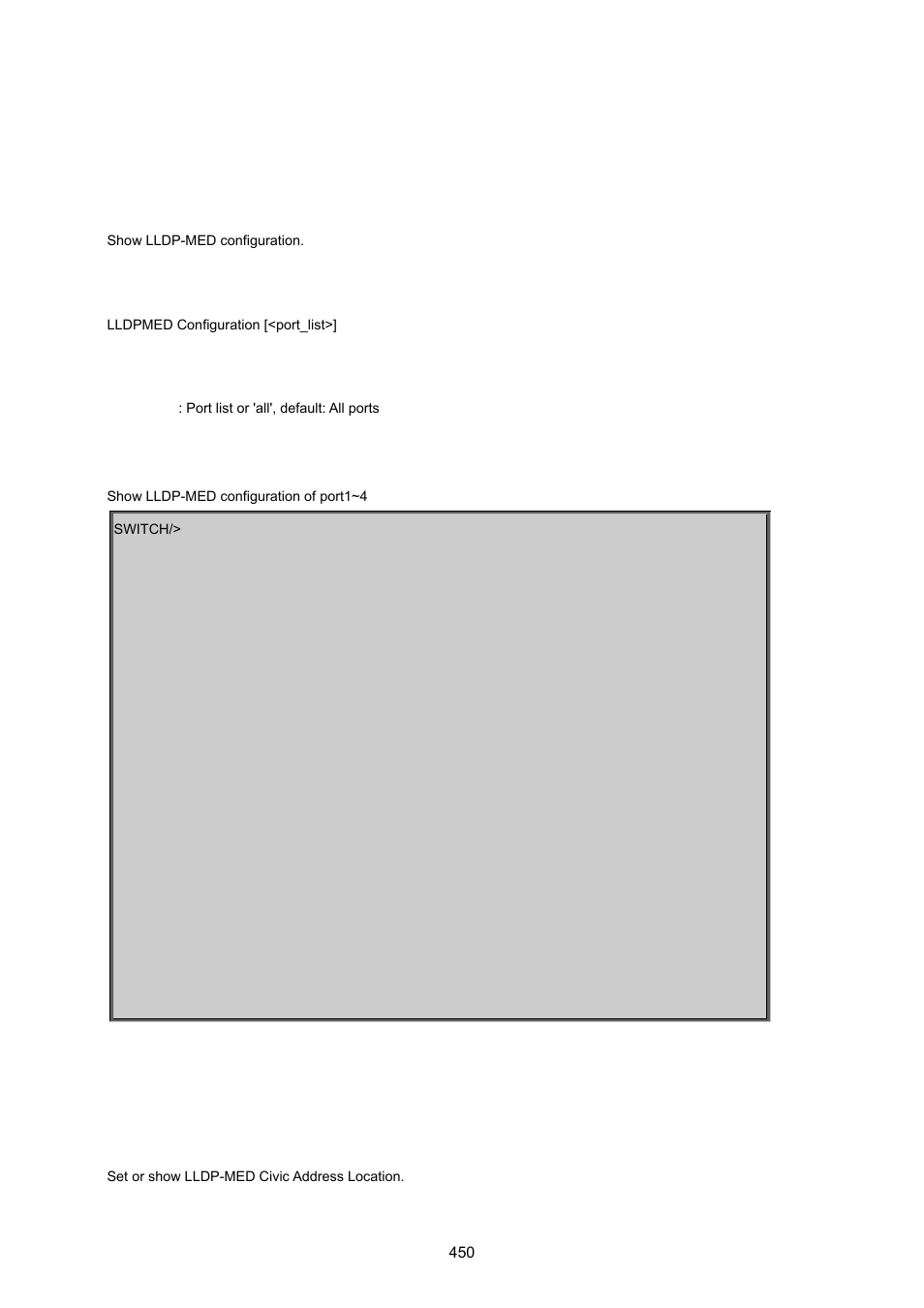 13 lldpmed command, Lldpmed configuration, Lldpmed civic | PLANET MGSW-24160F User Manual | Page 450 / 523