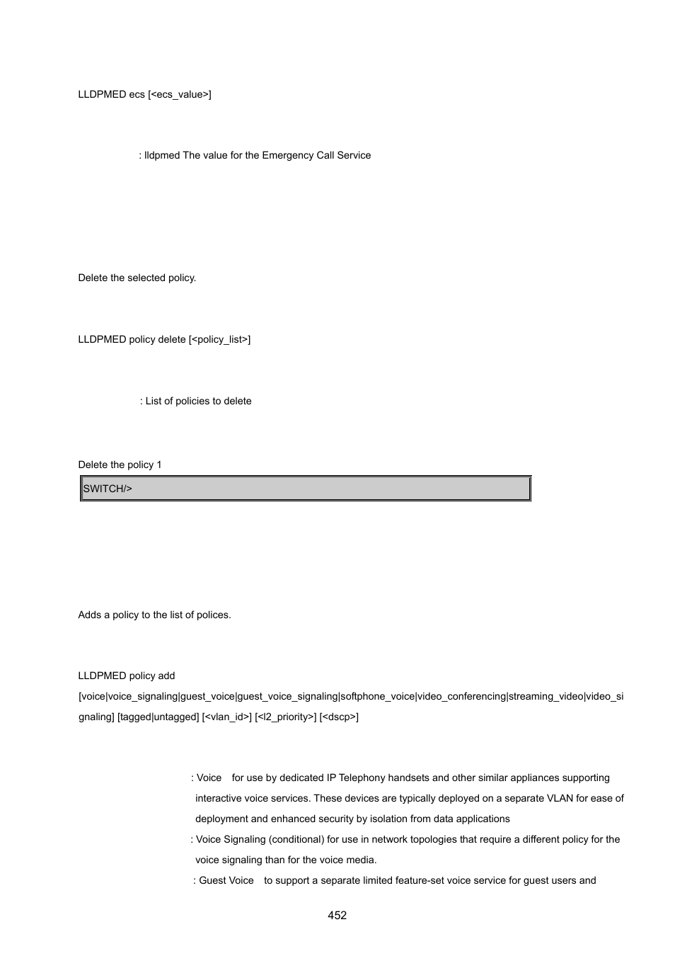 Lldpmed policy delete, Lldpmed policy add | PLANET MGSW-24160F User Manual | Page 452 / 523