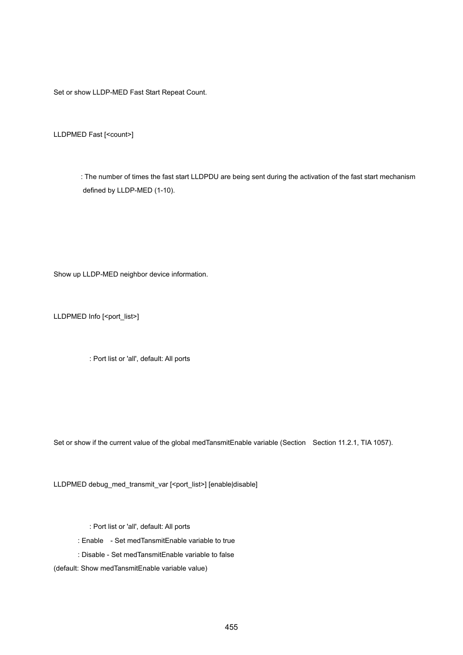 Lldpmed fast, Lldpmed info, Lldpmed debuge_med_transmit_var | PLANET MGSW-24160F User Manual | Page 455 / 523