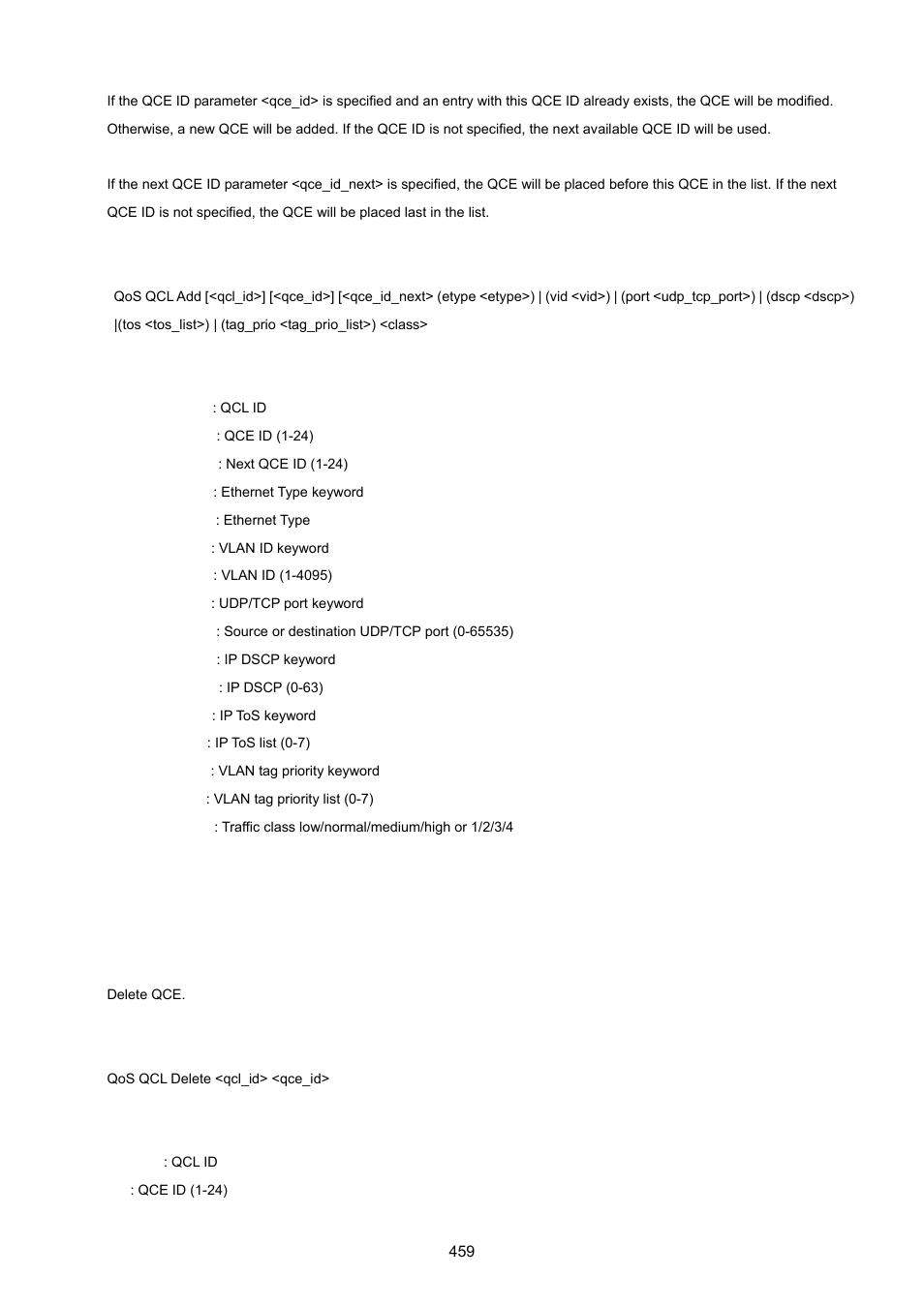 Qos qcl delete | PLANET MGSW-24160F User Manual | Page 459 / 523