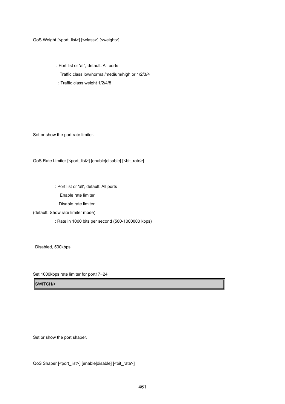 Qos rate limiter, Qos shaper | PLANET MGSW-24160F User Manual | Page 461 / 523