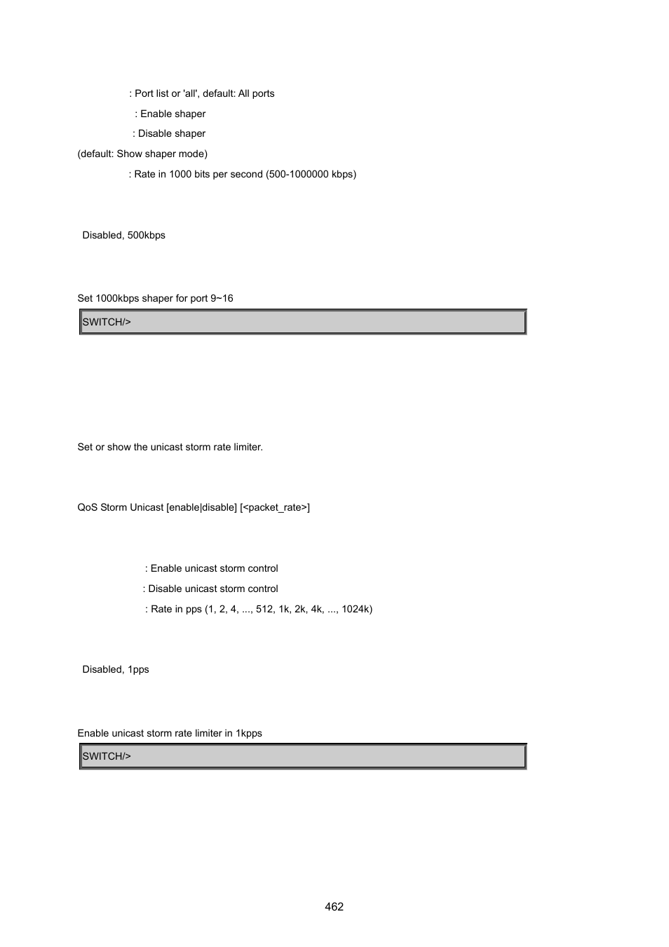 Qos storm unicast, Qos strom multicast | PLANET MGSW-24160F User Manual | Page 462 / 523