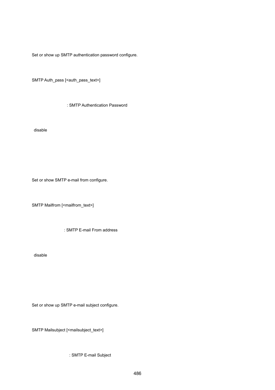Smtp auth_pass, Smtp mailfrom, Smtp mailsubject | PLANET MGSW-24160F User Manual | Page 486 / 523