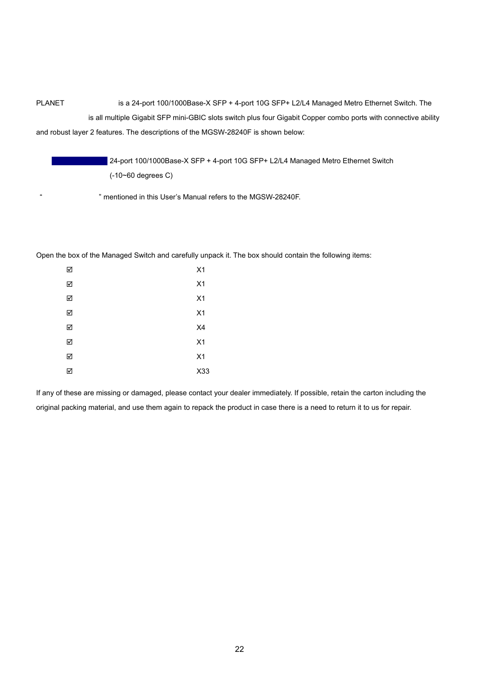 Introduction, 1 packet contents | PLANET MGSW-28240F User Manual | Page 22 / 643