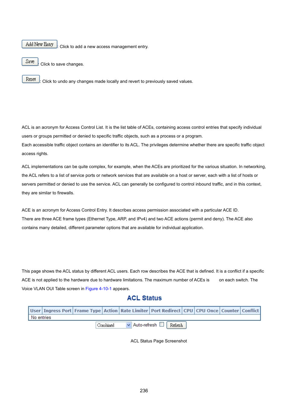 10 access control lists, 1 access control list status | PLANET MGSW-28240F User Manual | Page 236 / 643