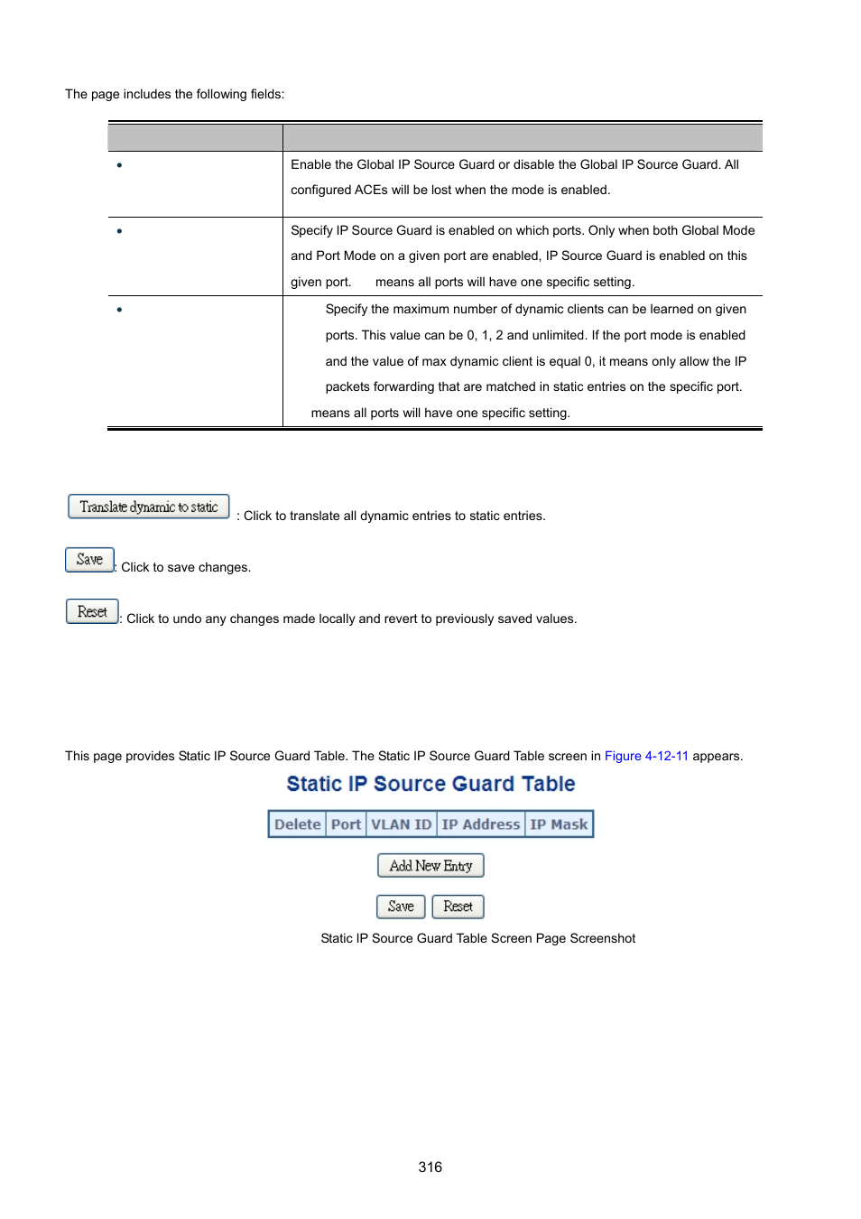 11 ip source guard static table | PLANET MGSW-28240F User Manual | Page 316 / 643