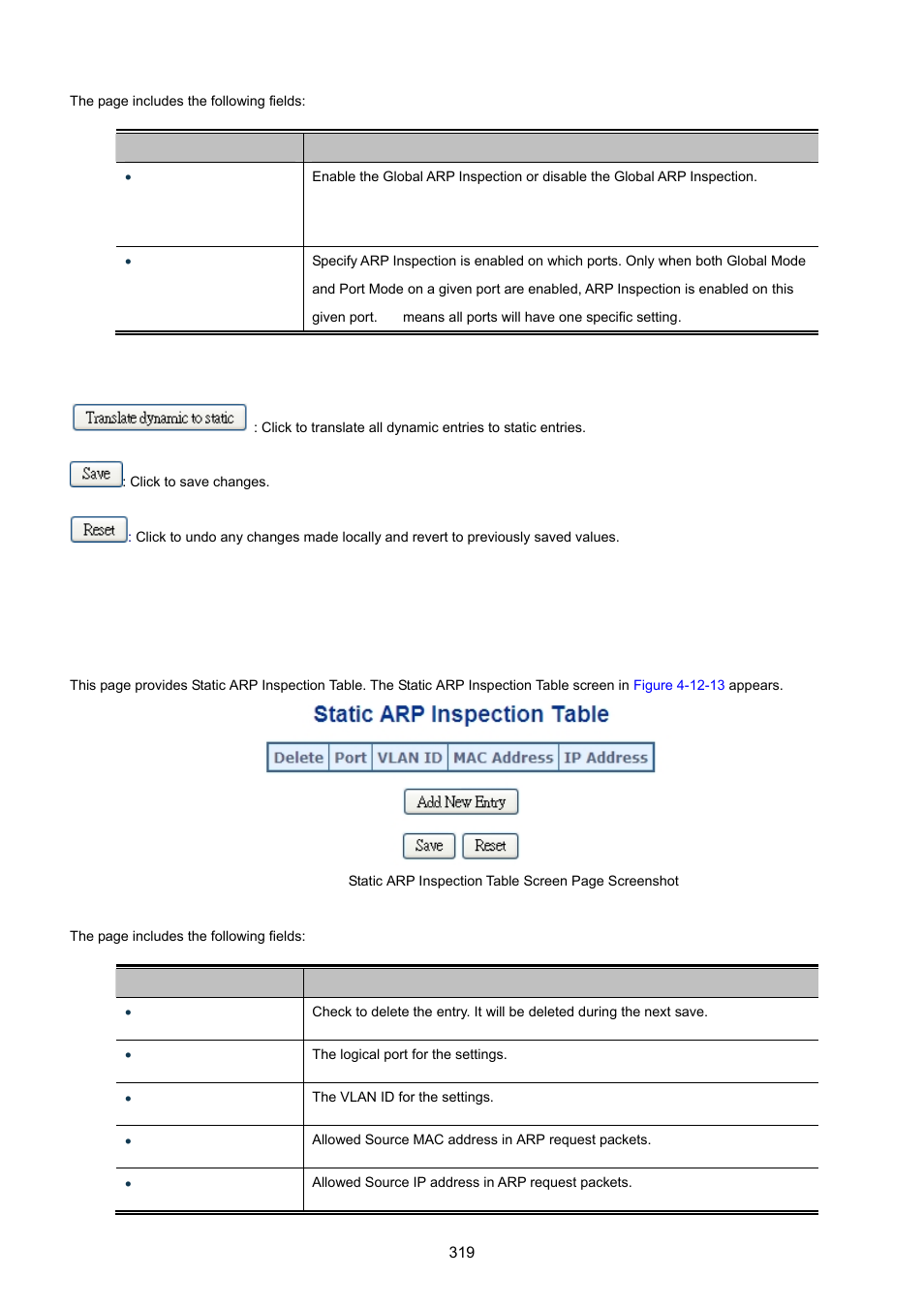 13 arp inspection static table | PLANET MGSW-28240F User Manual | Page 319 / 643