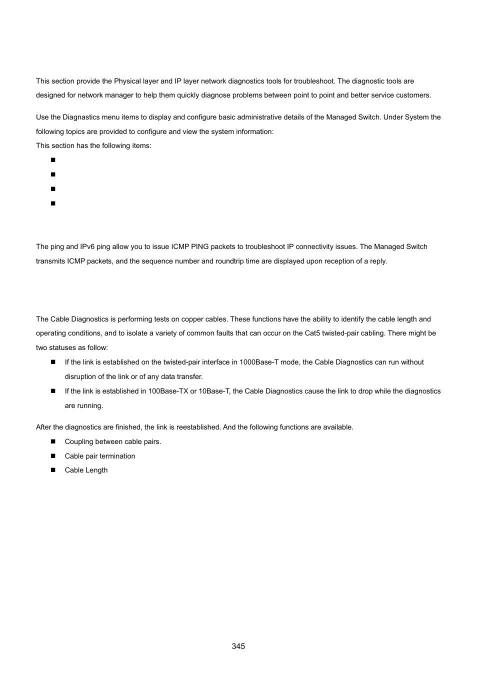 15 diagnostics, Ping, Cable diagnostics | PLANET MGSW-28240F User Manual | Page 345 / 643