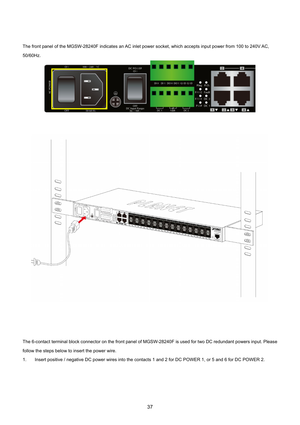 3 wiring the ac power input, 4 wiring the dc power input | PLANET MGSW-28240F User Manual | Page 37 / 643