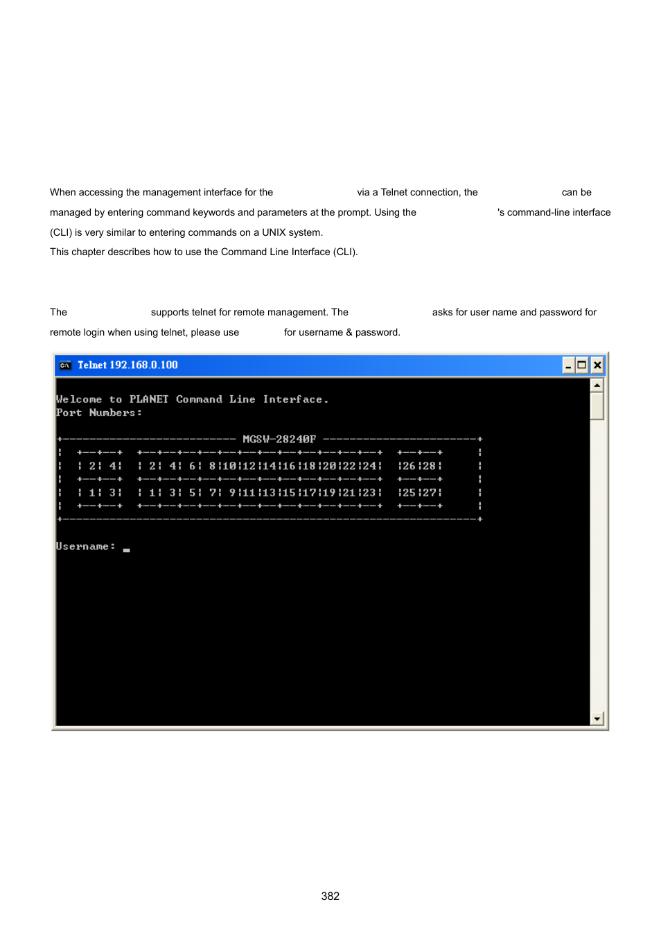 Command line interface, 1 accessing the cli, 2 telnet login | PLANET MGSW-28240F User Manual | Page 382 / 643