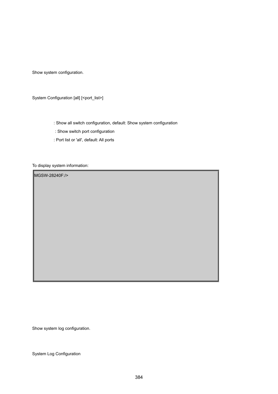 1 system command, System configuration, System log configuration | PLANET MGSW-28240F User Manual | Page 384 / 643