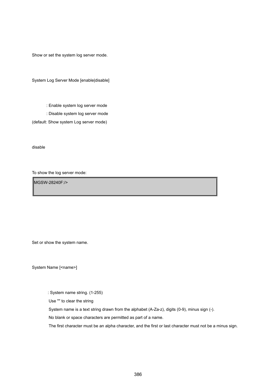 System log server mode, System name | PLANET MGSW-28240F User Manual | Page 386 / 643