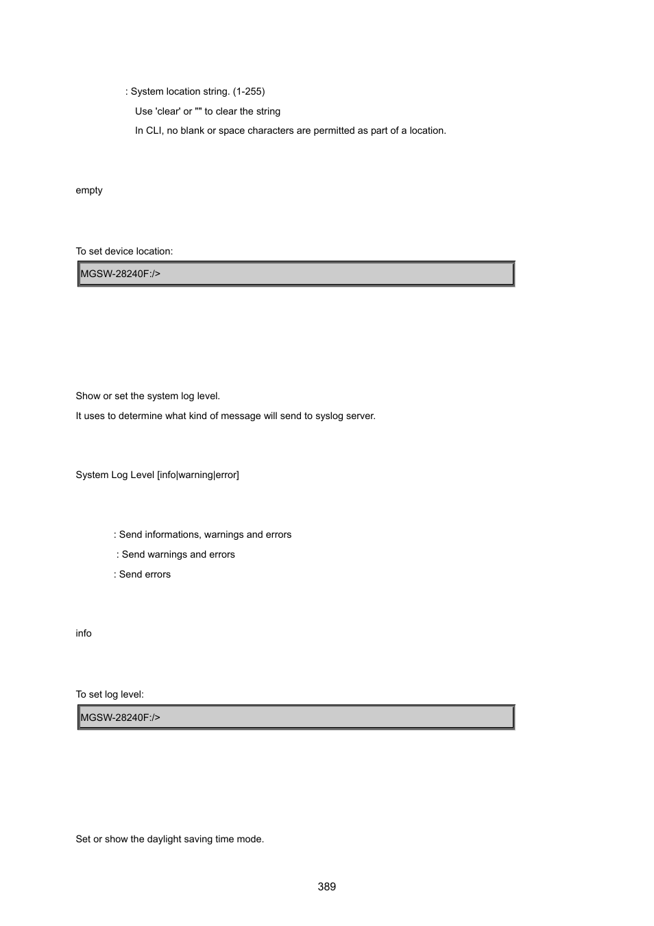 System log level, System dst mode | PLANET MGSW-28240F User Manual | Page 389 / 643