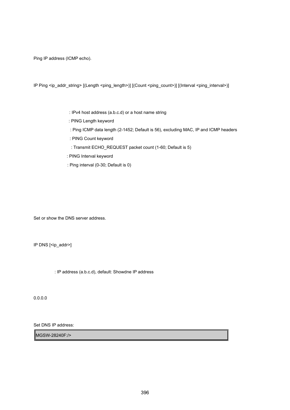 Ip ping, Ip dns | PLANET MGSW-28240F User Manual | Page 396 / 643