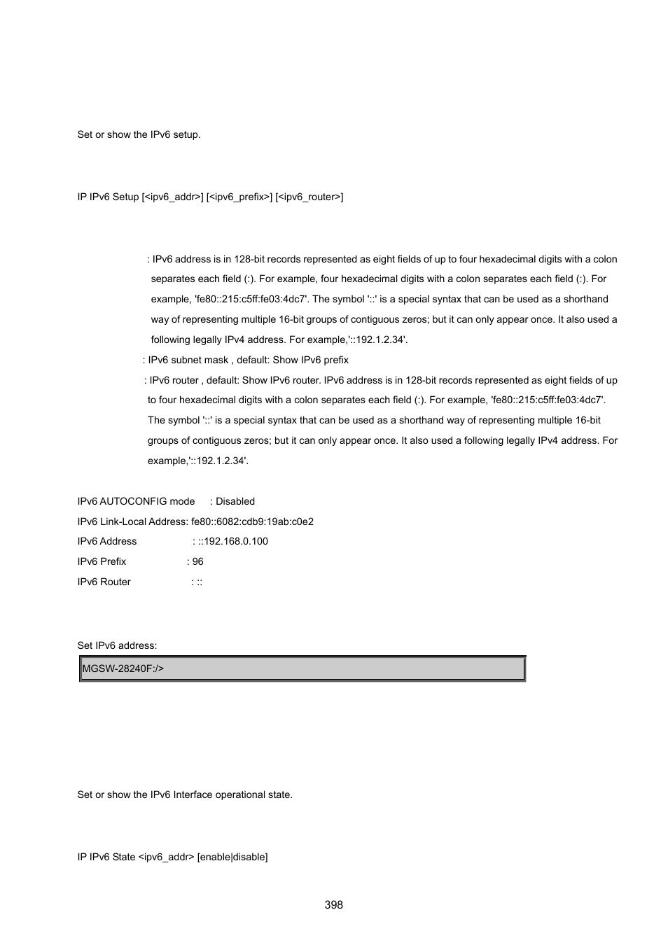 Ipv6 setup, Ipv6 state | PLANET MGSW-28240F User Manual | Page 398 / 643