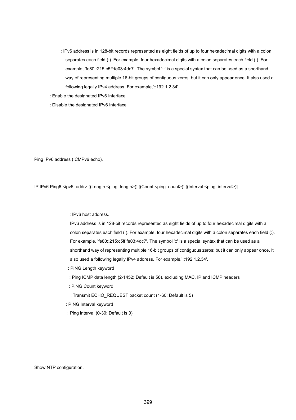 Ipv6 ping6, Ip ntp configuration | PLANET MGSW-28240F User Manual | Page 399 / 643