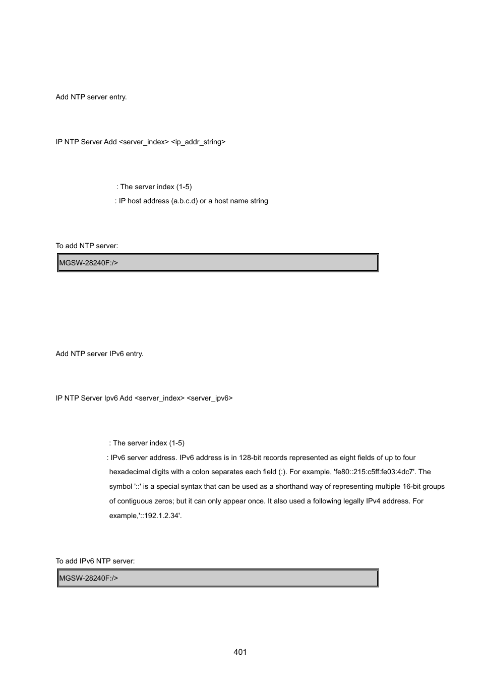 Ip ntp server add, Ip ntp server ipv6 add | PLANET MGSW-28240F User Manual | Page 401 / 643