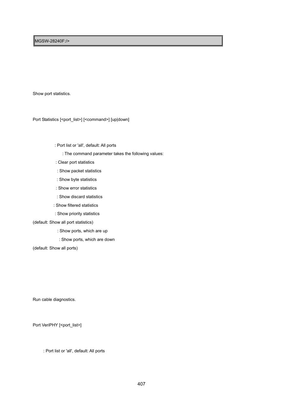 Port statistics, Port veriphy | PLANET MGSW-28240F User Manual | Page 407 / 643