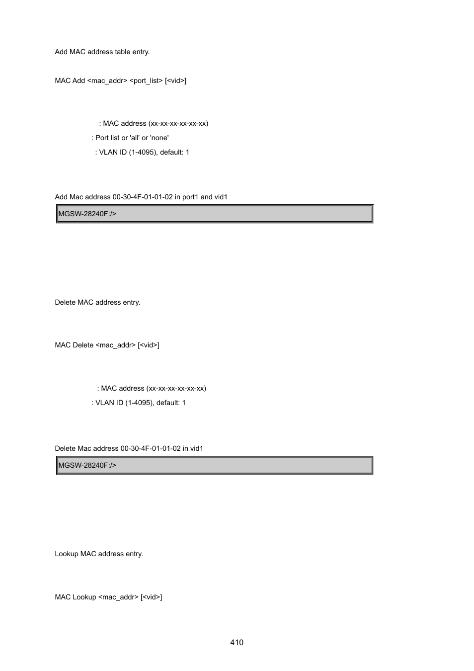 Mac delete, Mac lookup | PLANET MGSW-28240F User Manual | Page 410 / 643