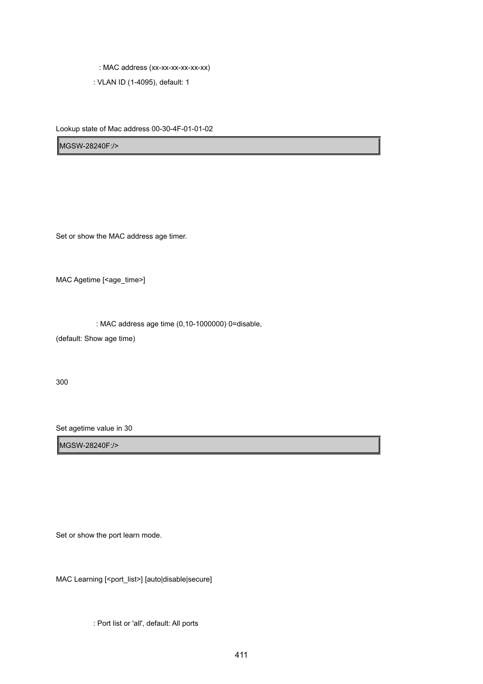 Mac age time, Mac learning | PLANET MGSW-28240F User Manual | Page 411 / 643