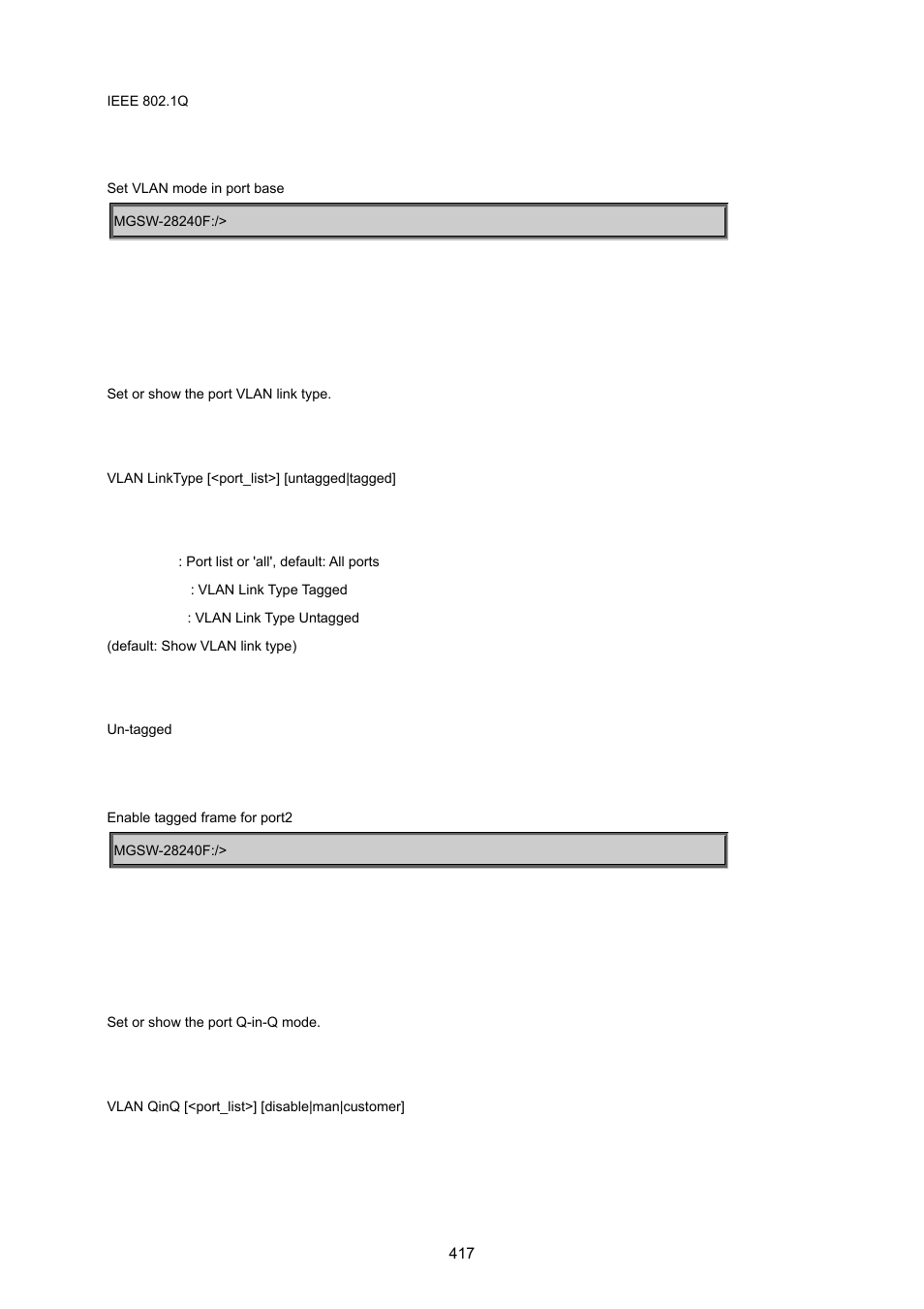 Vlan link type, Vlan q-in-q mode | PLANET MGSW-28240F User Manual | Page 417 / 643